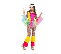 My Other Me - Disfraz Hippie Mujer, talla M-L. Incluye camisa con volantes de tul multicolor y pantalón psicodélico a capas amarillas y rojas. Despierta tu lado más bohemio.