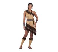 My Other Me - Disfraz India Mujer, talla S. Incluye vestido beige asimétrico con flecos en cuallo y bajos,polainas a juego, cinturón y manguitos con motivos en colores y plumas para la cabeza.