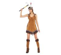 My Other Me - Disfraz India Mujer, talla S. Incluye vestido corto marrón con tirantes con detalles de motivos tribales y flecos, tocado y polainas marrones.