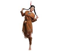 My Other Me - Disfraz India para Mujer Adulta, talla S. Incluye vestido, cinta para cabeza, cinturón con plumas y calentadores marrones, con detalles azules y de flecos. Ideal para Carnaval