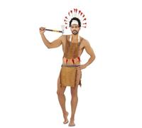 My Other Me - Disfraz Indio Hombre, talla XL. Incluye tocado con plumas rojas y blancas, pechera con detalles y plumas y falda marrón tipo taparrabos con flecos. ¡Transforma tu look!