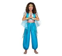 My Other Me - Disfraz infantil de princesa árabe, color turquesa. Consta de un mono con mangas de tul, detalles dorados y cinturón. Incluye collar de perlas y diadema dorada con gema. Talla 7-9 años
