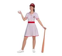 My Other Me - Disfraz Jugadora Béisbol mujer, talla M. Incluye vestido blanco con rayas rojas, botones, cinturilla y remates rojos, y gorra roja con brillo y letras “Howlers”. Estilo deportivo.