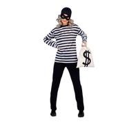 My Other Me - Disfraz Ladrón Adulto Unisex, talla S. Incluye gorro y antifaz negros, camiseta a rayas blancas y negras, y saco blanco con símbolo de dólares. Roba miradas con estilo clásico.