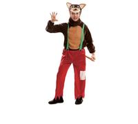 My Other Me - Disfraz Lobo Niño, talla 3-4 años. Incluye gorro, camisa marrón de manga larga con detalle de barriga en tono más claro, pantalón rojo con flecos y tirantes verdes.