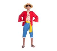 My Other Me - Disfraz para hombre adulto de Luffy con sombrero, chaqueta, camiseta, fajín y pantalón en rojo y azul talla S. Perfecto para conquistar los siete mares en estilo único