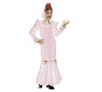 My Other Me - Disfraz Madrileña niña, talla 5-6 años. Incluye vestido blanco con lunares rosa, volantes de encaje y lazos decorativos, bolsito a juego, pañuelo para la cabeza y mantón.