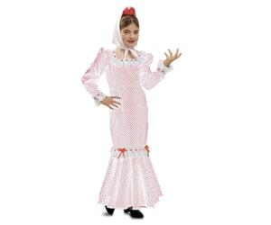My Other Me - Disfraz Madrileña niña, talla 5-6 años. Incluye vestido blanco con lunares rosa, volantes de encaje y lazos decorativos, bolsito a juego, pañuelo para la cabeza y mantón.