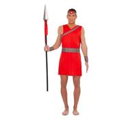 My Other Me - Disfraz Masái Hombre, talla M-L. Incluye vestido corto sin mangas rojo con detalles tribales coloridos, muñequeras, cinturón y tocado a juego. Estilo vibrante y auténtico.