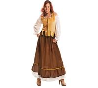 My Other Me - Disfraz Mesonera Mujer, talla XL. Incluye camisa blanca, chaleco color mostaza y falda larga marrón con detalles dorados y bajo blanco. Ideal para eventos temáticos.