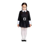 My Other Me - Disfraz Niña Siniestra, talla 3-4 años. Incluye vestido negro con falda de tul, cuello blanco en pico, puños blancos y cinturón simulado con hebilla cuadrada blanca.