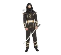 My Other Me - Disfraz Ninja Hombre, talla XS. Incluye mono negro con capucha y detalles dorados en mangas y piernas, armadura negra con bordes dorados, cinturón dorado y máscara negra.