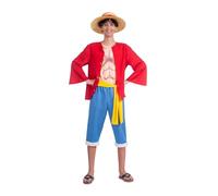 My Other Me - Disfraz para hombre adulto de Luffy con sombrero, chaqueta, camiseta, fajín y pantalón en rojo y azul talla L. Perfecto para conquistar los siete mares en estilo único