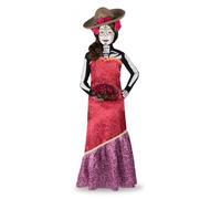My Other Me - Disfraz para niña Cassandra con camiseta esqueleto, vestido, guantes, sombrero, peluca, flores tattoos, esponja y maquillaje blanco talla 7-9 años. Para el Halloween