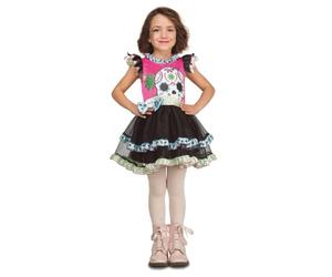 My Other Me - Disfraz para niña de Calavera con vestido negro y rosa talla 7-9 años. Perfecto para celebrar el Día de los Muertos con estilo único y colorido