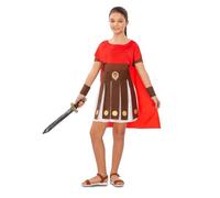My Other Me - Disfraz para niña de Guerrera Romana con capa, vestido, cinturón y muñequeras en marrón y rojo talla 5-6 años. Ideal para un carnaval épico