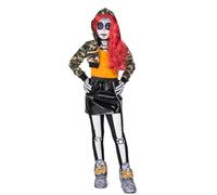 My Other Me - Disfraz para niña de Maya con chaqueta con capucha, camiseta, falda con cadena, leggings, guantes, peluca, cubrebotas, chorrera esqueleto, tattoos, maquillaje y esponja 7-9 años.