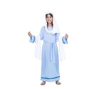 My Other Me - Disfraz para niña de Virgen María con manto para cabeza, túnica, echarpe y cinturón en blanco y azul talla 7-9 años. Celebra la navidad con ternura