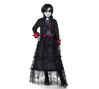My Other Me - Disfraz para niña de Zoe negro y rojo con vestido, chaqueta, guantes, chorerra esqueleto, gargantilla, peluca, tattoos, esponja y maquillajes blanco y negro talla 7-9 años.
