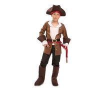 My Other Me - Disfraz para niño de Pirata con sombrero, chaqueta con camisa, fajín, cinturón, pantalón y cubrebotas en blanco y marrón talla 5-6 años ¡Surca los mares con valentía!