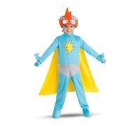 My Other Me - Disfraz para niño Kid Kazoom en amarillo y azul con gorro, pasamontañas, mono, capa, cubrebotas, guantes y brazaletes talla 4-5 años. Despierta al héroe que llevas dentro.