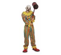 My Other Me - Disfraz Payaso Diabólico adulto unisex, talla XXXL. Incluye mono a rayas multicolor con volantes amarillos en puños y cuello, cinturón y máscara de payaso con nariz, dientes y cejas.
