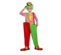 My Other Me - Disfraz Payaso Infantil Unisex, talla 10-12 años. Incluye camiseta a rayas blancas y rojas con corbata amarilla de lunares colorido y pantalón bicolor con tirantes y aro.