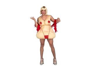My Other Me - Disfraz Pechugona Cabaretera Adulto Unisex, talla M-L. Incluye body voluminoso color carne con relleno, tanga y pezoneras rojas de lentejuelas brillantes, y boa roja.
