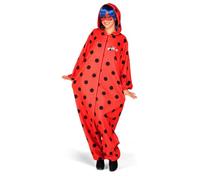 My Other Me - Disfraz Pijama Ladybug mujer, talla XS. Incluye mono rojo con capucha, lunares negros, estampado de panal y logo, cremallera frontal, peluca azul y antifaz.