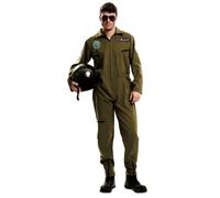 My Other Me - Disfraz Piloto Hombre, talla S. Incluye mono verde oliva con cremallera frontal, 3 bolsillos con cremallera, emblemas U.S. AIR FORCE y ARMY, y cremalleras de expansión en tobillos.