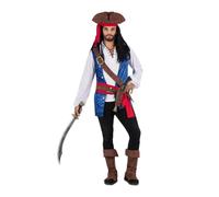 My Other Me - Disfraz Pirata Hombre, talla S. Incluye sombrero marrón, chaleco azul con estampado y botones, camisa blanca, cinturón con hebilla de calavera, cartuchera, fajín rojo y cubre botas.