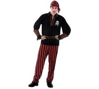 My Other Me - Disfraz Pirata Hombre, talla XXXL. Incluye pañuelo y pantalón a rayas rojas y negras, camisa negra con estampado de calavera blanca, cuello, muñequeras y cinturón de color marrón.
