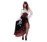 My Other Me - Disfraz Pirata Mujer, talla M-L. Incluye cinturón, pañuelo y corsé rojo con rayas negras, vestido blanco y falda negra asimétrica con volante negro y rojo y estampado de calavera.