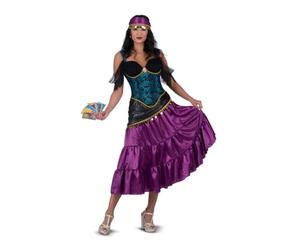 My Other Me - Disfraz Pitonisa Mujer, talla M. Incluye vestido morado y azul con ribetes dorados, pañuelo para la cabeza morado con colgantes circulares y 6 cartas del tarot.