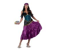 My Other Me - Disfraz Pitonisa Mujer, talla S. Incluye vestido morado y azul con ribetes dorados, pañuelo para la cabeza morado con colgantes circulares y 6 cartas del tarot.