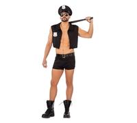 My Other Me - Disfraz Policía Hombre, talla XL. Incluye sombrero con insignia plateada, camisa sin mangas con placa, cinturón y pantalón bóxer negro. Atrapa todas las miradas.