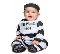 My Other Me - Disfraz Presidiario Bebé unisex, talla 0-6 meses. Incluye mono y gorra a rayas blancas y negras con el letrero MAD PRISON 09-06", representando la prisión y el número de preso.
