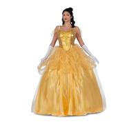 My Other Me - Disfraz Princesa mujer, talla M. Incluye vestido amarillo de tirantes, cuerpo bordado, falda de gran volumen con vuelos abullonados en tul brillante, guantes largos blancos y enaguas.