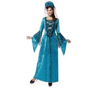 My Other Me - Disfraz Princesa Mujer, talla M-L. Incluye vestido azul largo de tela aterciopelada con mangas acampanadas con encaje negro y corona a juego con velo de tul y broche plateado.