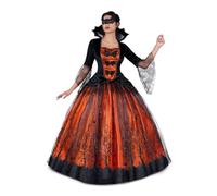 My Other Me - Disfraz Reina de Halloween Mujer, talla XL. Incluye vestido con mangas de encaje con telarañas, falda naranja con murciélagos, enaguas y antifaz negro. Elegancia oscura encantadora.