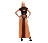 My Other Me - Disfraz Reina Dragón Mujer, talla S. Incluye vestido largo de manga corta con abertura lateral y en el pecho, parte superior marrón oscuro y falda beige vaporosa con franja burdeos.