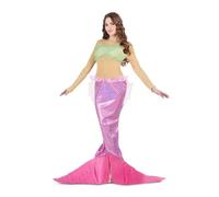 My Other Me - Disfraz Sirena Mujer, talla S. Incluye vestido de manga larga con top verde claro ajustado y falda rosa brillante con escamas y aleta. Sumérgete en el mundo marino con estilo.
