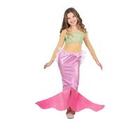 My Other Me - Disfraz Sirena Niña, talla 7-9 años. Incluye vestido de manga larga con top verde claro ajustado y falda rosa brillante con escamas y aleta. Sumérgete en el mundo marino con estilo.