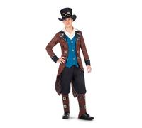 My Other Me - Disfraz Steampunk Hombre Adulto, talla M-L. Incluye chaqueta larga marrón con detalles y engranajes, chaleco azul, pantalón con cubrebotas marrones con hebillas y sombrero negro.