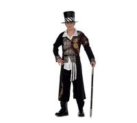 My Other Me - Disfraz Steampunk hombre, talla S. Incluye abrigo largo con una manga efecto cuero, chaleco integrado con brocado dorado, pantalón negro y sombrero de copa con franja a rayas diagonal.
