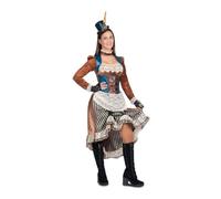 My Other Me - Disfraz Steampunk Mujer Adulto, talla S. Incluye vestido marrón con azul y beige, mitones negros con encaje y tocado con una mini chistera. Encanto victoriano con engranajes dorados.