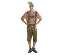 My Other Me - Disfraz Tirolés Hombre, talla M-L. Incluye camisa roja y blanca a cuadros, pantalón pirata marrón con detalles dorados y rojos y tirantes y el sombrero verde con plumas.