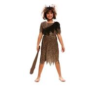 My Other Me - Disfraz Troglodita Niña, talla 7-9 años. Incluye diadema en forma de hueso de color blanco, vestido con estampado de leopardo y volante marrón, cinturón de animal print.