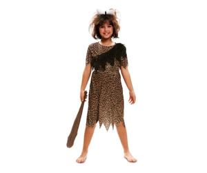 My Other Me - Disfraz Troglodita Niña, talla 7-9 años. Incluye diadema en forma de hueso de color blanco, vestido con estampado de leopardo y volante marrón, cinturón de animal print.