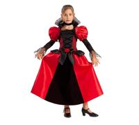My Other Me - Disfraz Vampiresa Niña, talla 7-9 años. Incluye vestido largo rojo y negro con cuello alto calado y gargantilla negra a juego. Perfecta para una pequeña reina de la oscuridad.